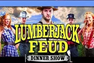 Logo and image of the Lumberjack Feud Dinner Show.