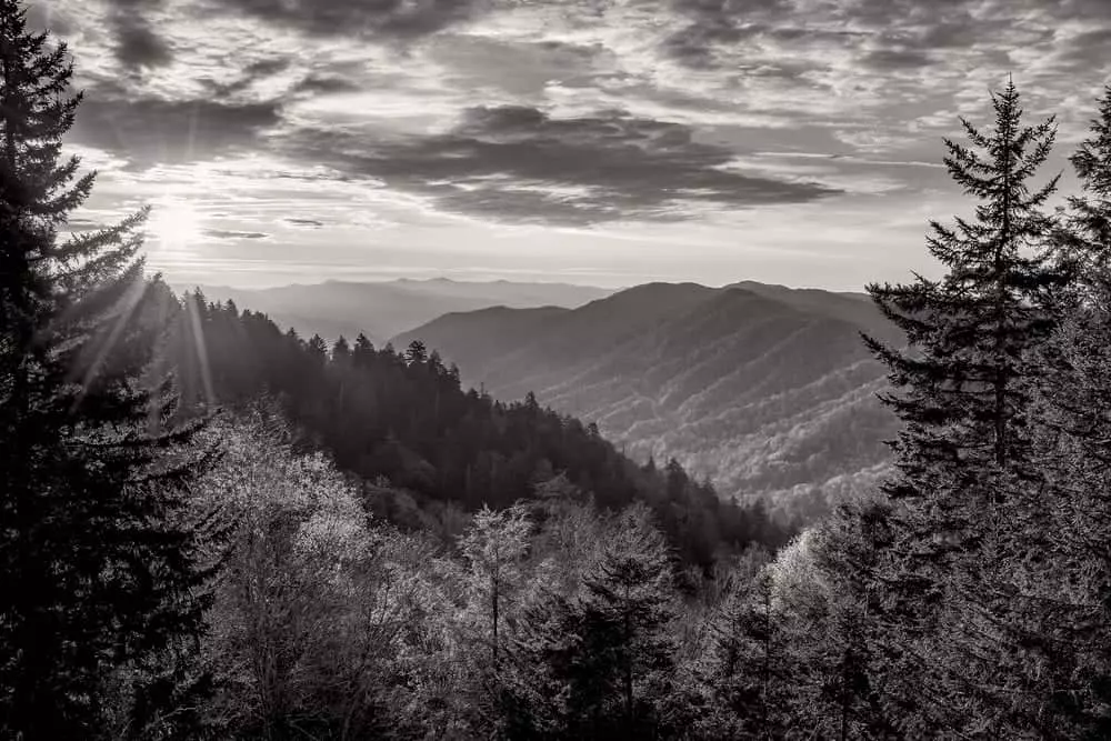 Black and white photo of the Smoky Mountains.