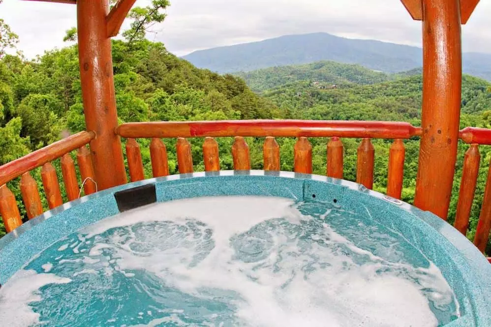 Hot tub on the deck of a cabin in the Smoky Mountains.