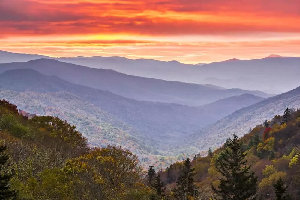 sunset during fall in the Smoky Mountains
