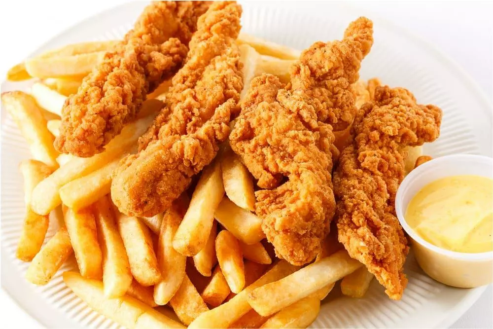 chicken tenders with french fries and honey mustard