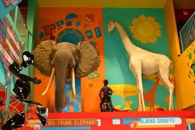 A two-trunk elephant and an albino giraffe at Ripley's Odditorium in Gatlinburg.