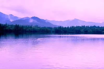 An enchanted lake with violet water.