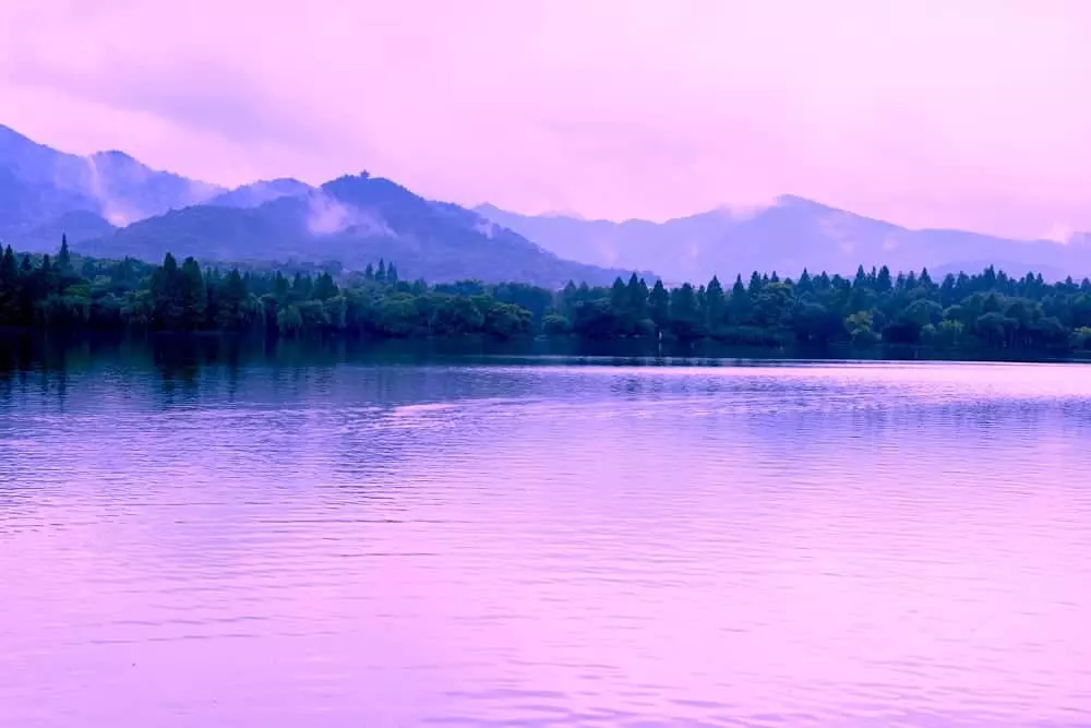 An enchanted lake with violet water.