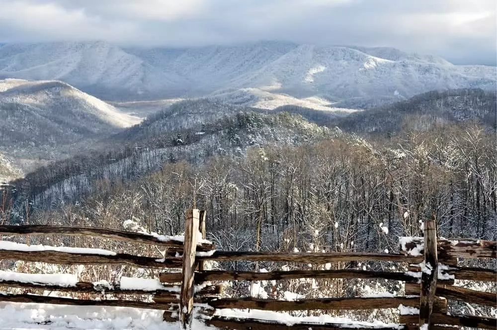 Mountains covered in snow in Gatlinburg.