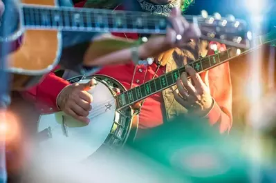 A bluegrass band playing music.