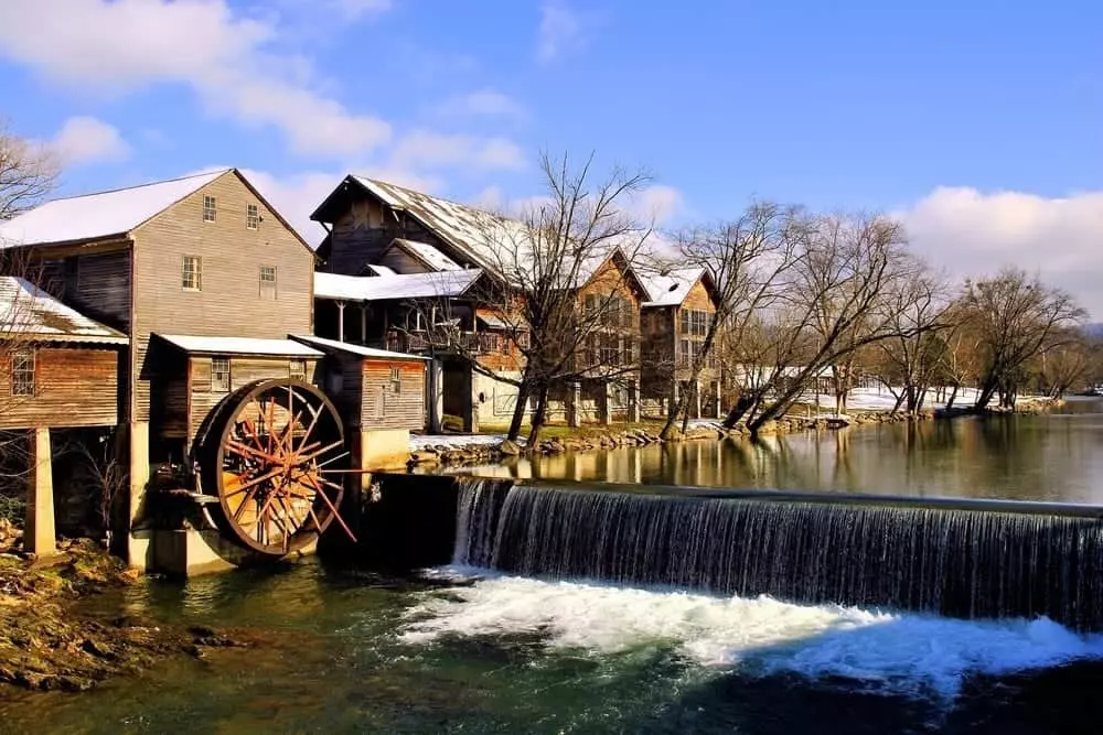 Wintertime photo of The Old Mill in Pigeon Forge.