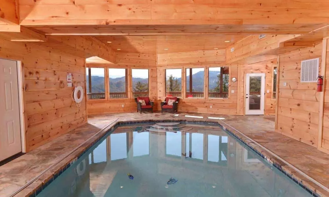 Beautiful indoor pool with a mountain view at Skinny Dippin in Pigeon Forge Tennessee
