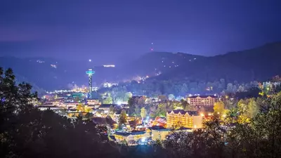 View of downtown Gatlinburg lit up at night
