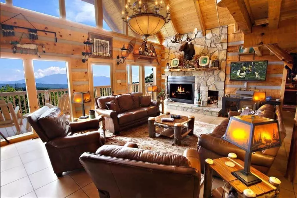 The living room of a beautiful cabin in the Smoky Mountains.