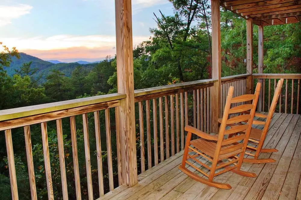 Chairs on the deck of one of our log cabin rentals in the Smoky Mountains.