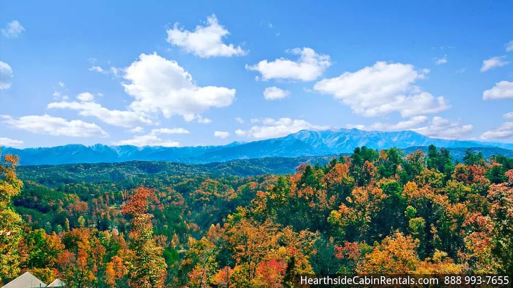 View of Smoky Mountains fall foliage from Grand View Lodge cabin in Gatlinburg TN
