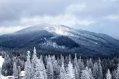 View of the snow covered Smoky Mountains from a three bedroom Pigeon Forge cabin