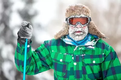 man with snowy beard winter hiking in the Smoky Mountains