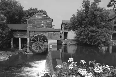black and white photo of the Old Mill in Pigeon Forge