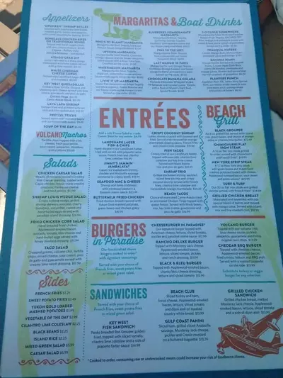 Margaritaville restaurant menu.