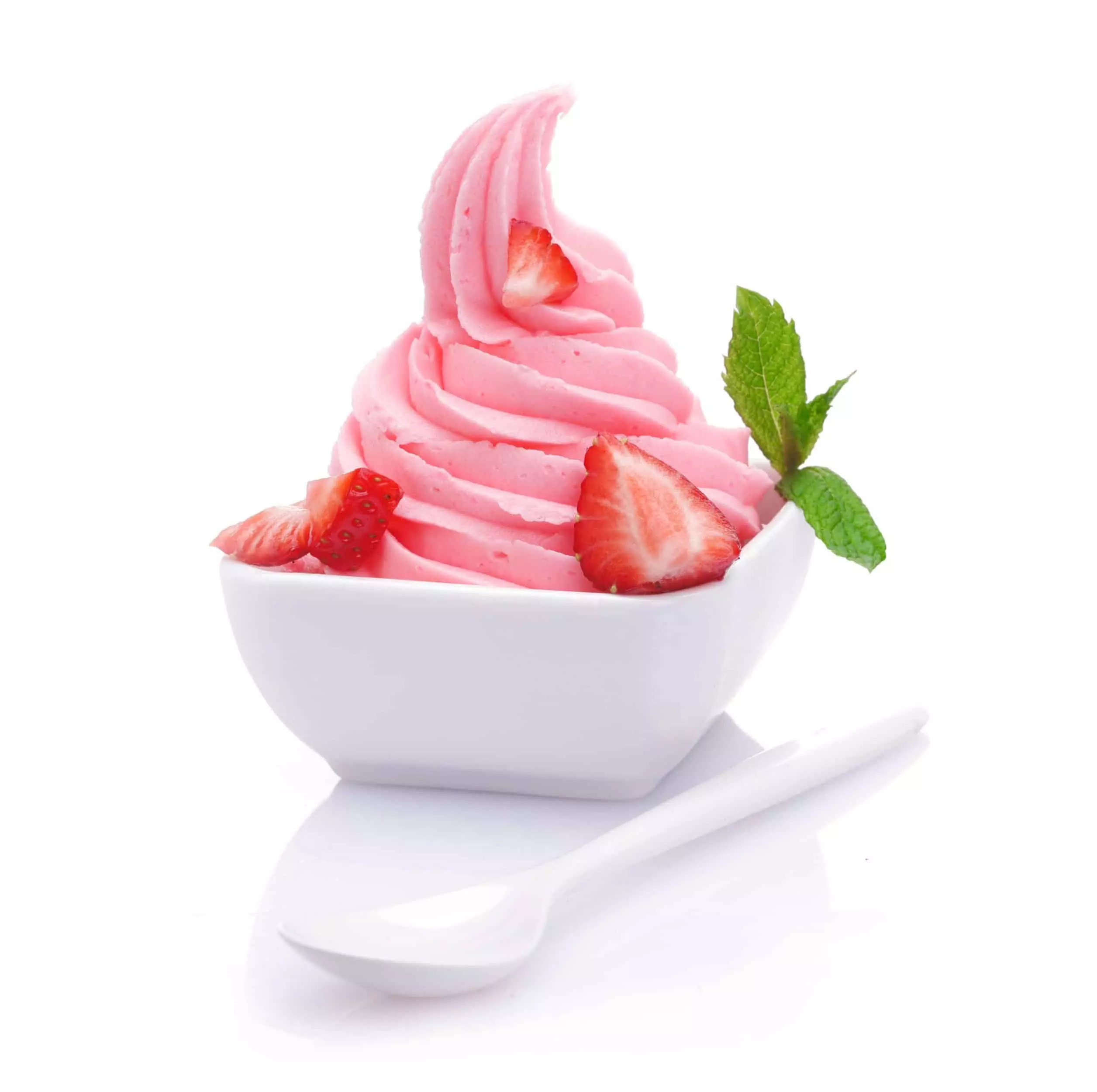 Strawberry yogurt in white bowl with white spoon