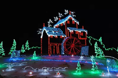 A Christmas lights display of The Old Mill in Pigeon Forge.