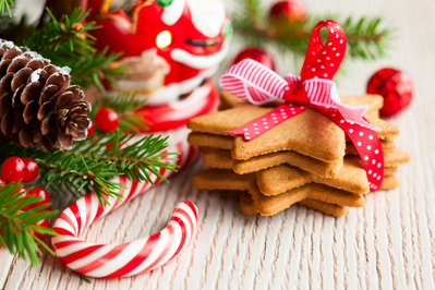 Cookies and decorations on a table for a festive Christmas in Pigeon Forge TN.