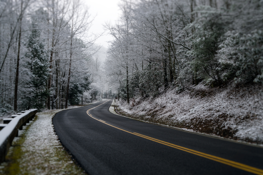 A snowy road in Gatlinburg TN.