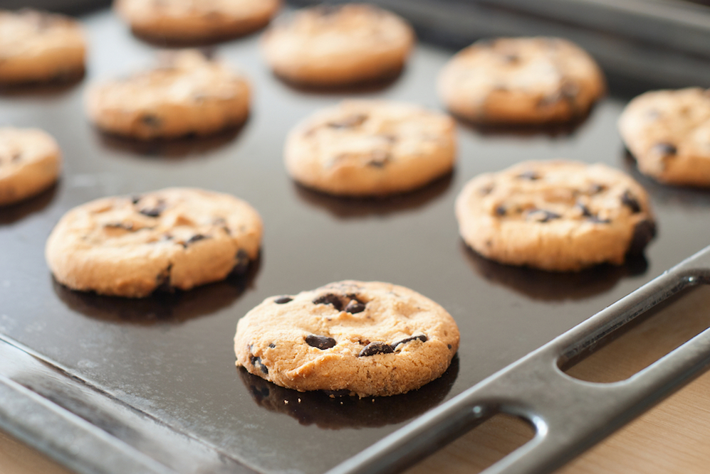 Chocolate chip cookies on a baking sheet.