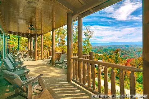 Relaxing mountain view from covered deck at Grand View Lodge