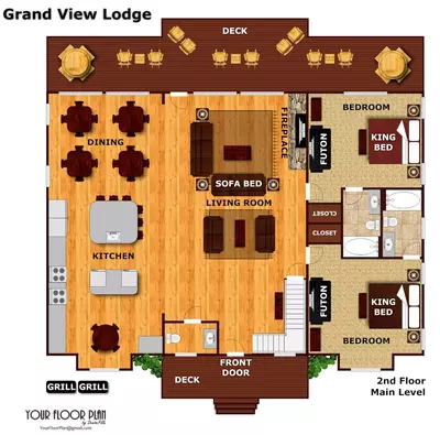 Floor plan of the first floor of Grand View Lodge cabin in Pigeon Forge