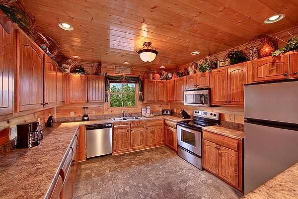 Large kitchen area at Heavenly Heights 8 bedroom large Pigeon Forge cabin rental