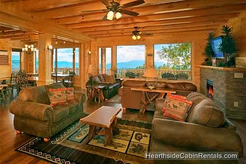 Open floor plan living room at A View For All Seasons cabin near Gatlinburg