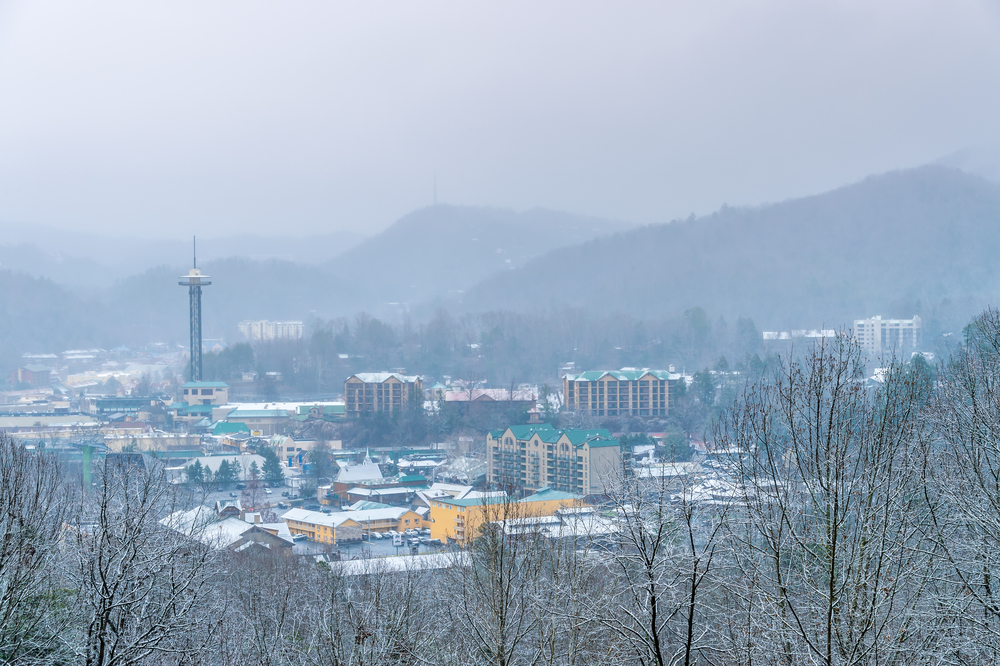 view of downtown Gatlinburg covered in snow