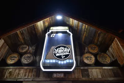 Ole Smoky Moonshine sign on building at night