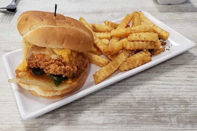 chicken sandwich and fries at cookie dough monster