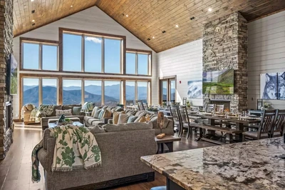 living room and views at lucid dreams lodge make it a great Smoky Mountain family reunion cabin